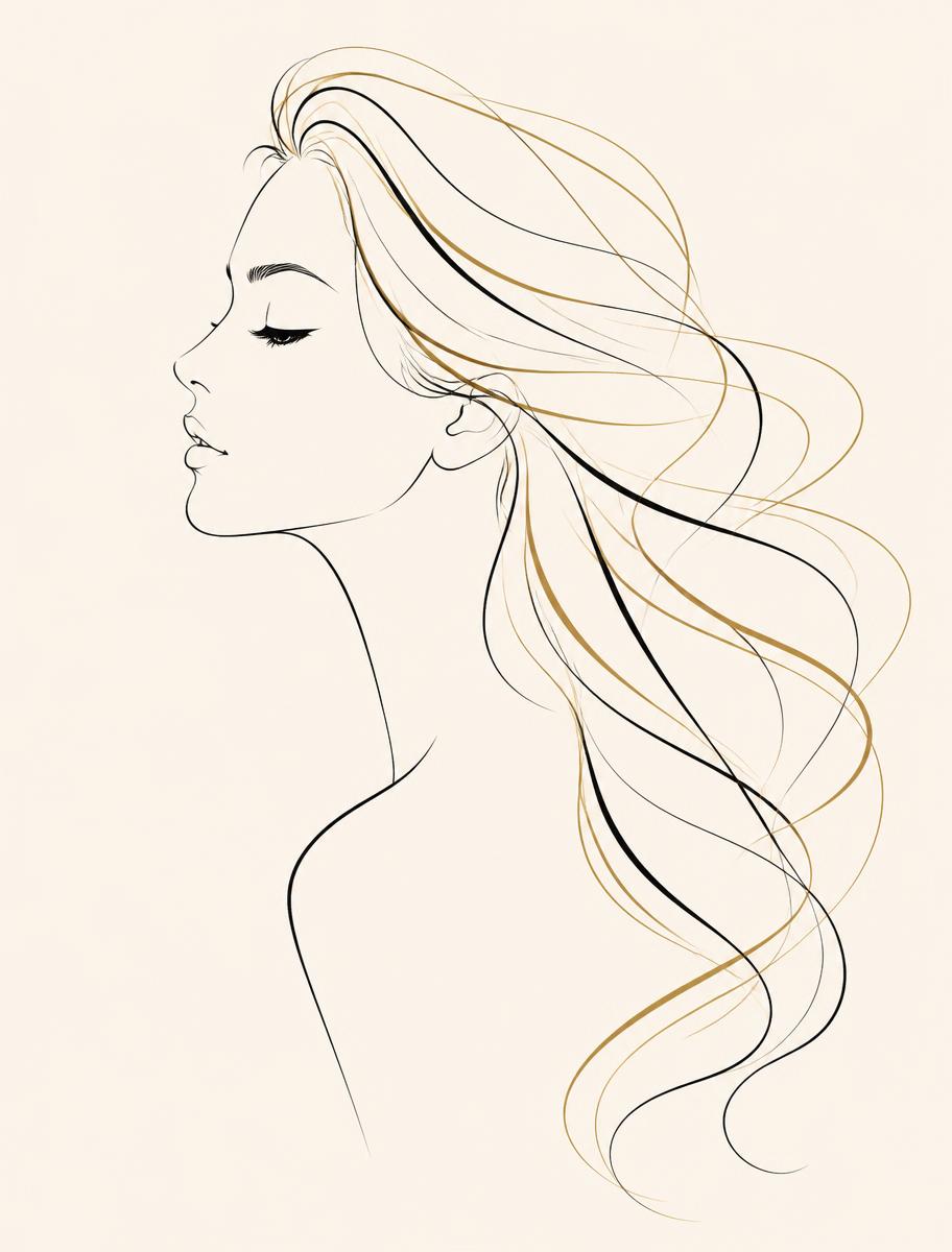 Ilustración de línea del perfil de una mujer con cabello fluyendo en trazos negros y dorados